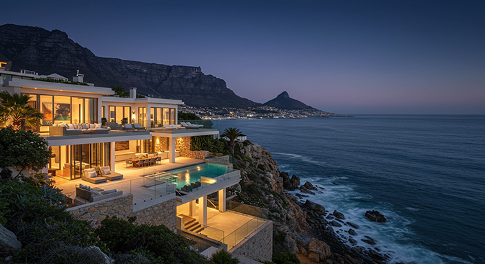 Luxury cliffside villa in Clifton, Cape Town at dusk, with panoramic ocean views and modern architecture.